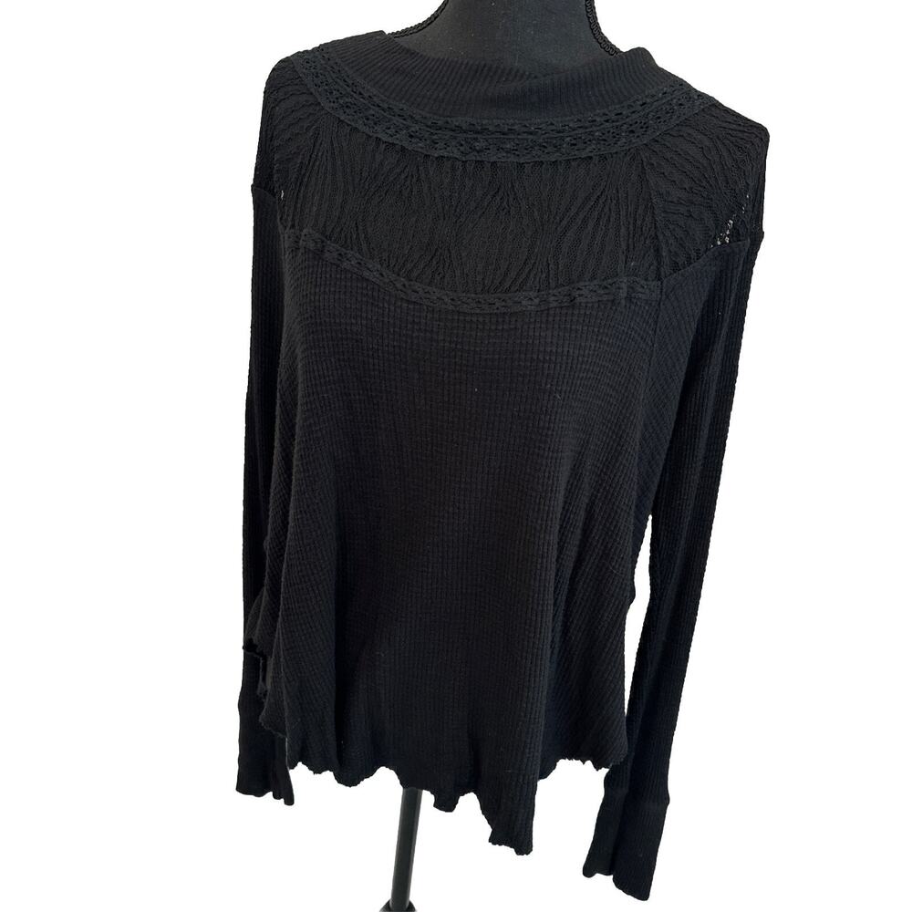 Free People Womens Spring Valley Top Size XS Black Long Sleeve Waffle Knit